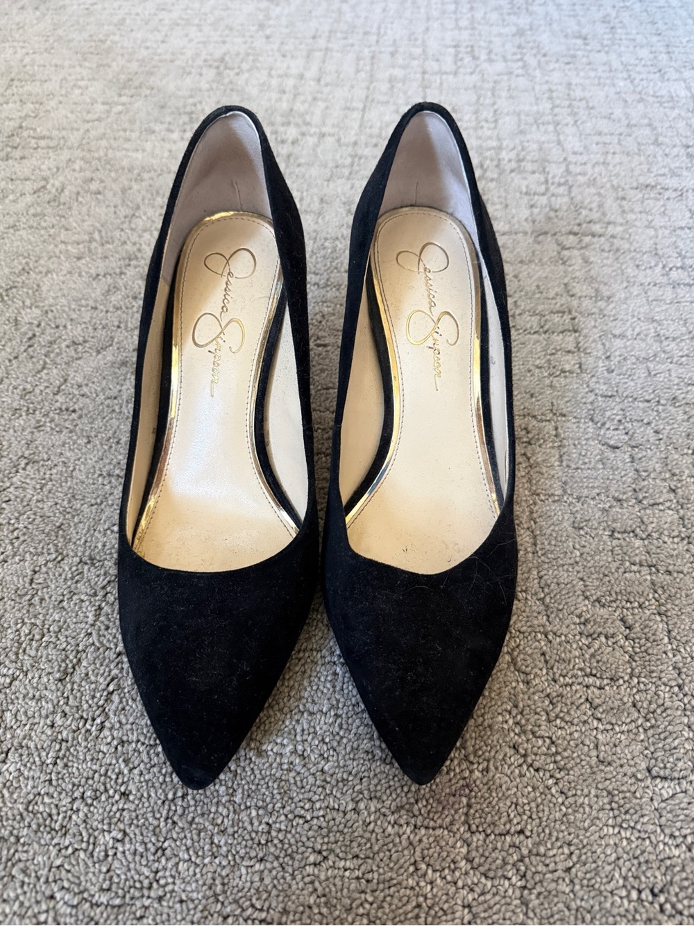 Jessica Simpson Black Suede Pointed Toe Pumps with Gold Insole